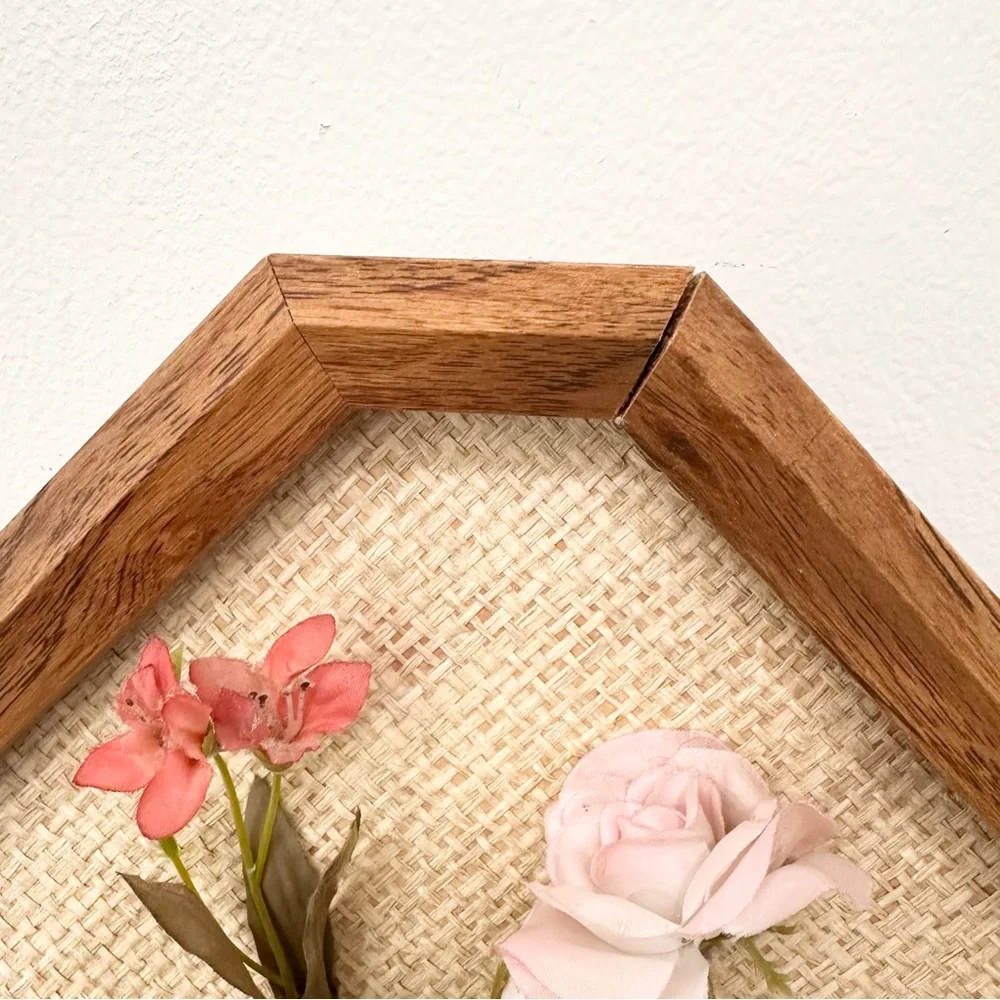 Vintage 3D Flower Wall Art Hexagonal Wooden Frame Pink White Floral Arrangement